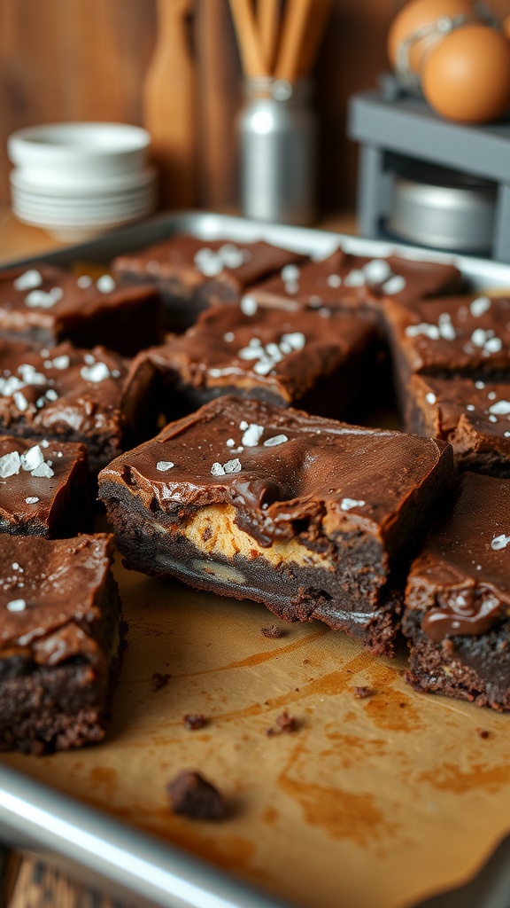A close-up of cookie brownies with a rich chocolate layer and gooey cookie center, served on a rustic tray.
